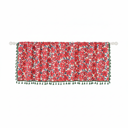 Graceful Red Floral Cabinet tier curtain panel hung