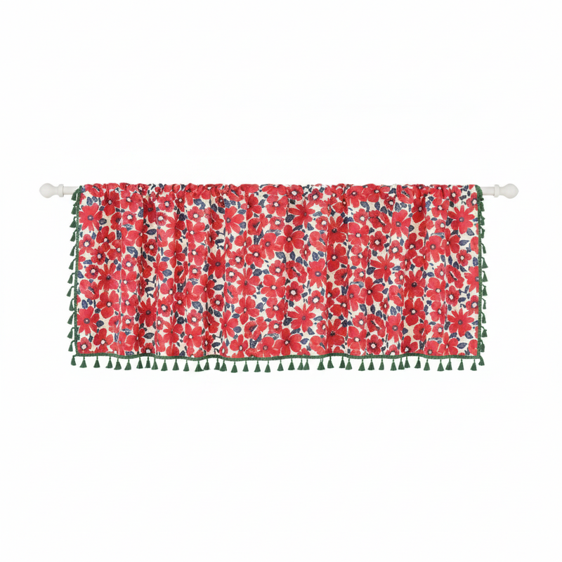 Graceful Red Floral Cabinet Curtain | Cotton-Linen, Tassel Tier