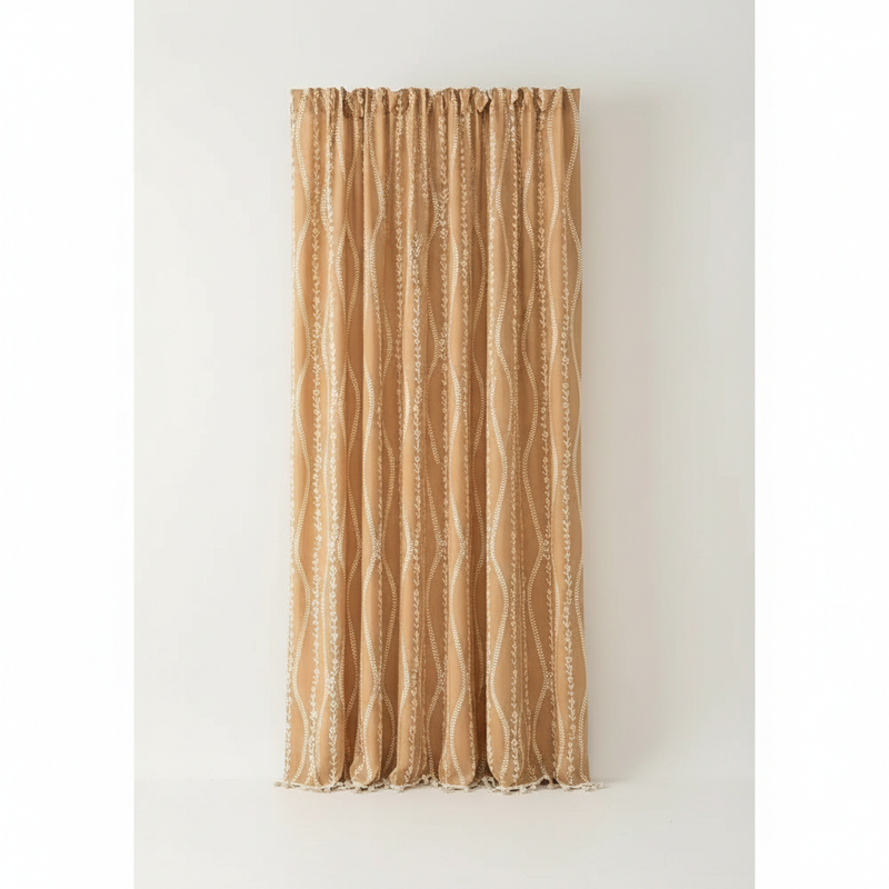 Wheat Pattern Beige Tassel Curtain | Embroidered, Country Style