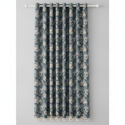 Navy floral tassel curtain panel