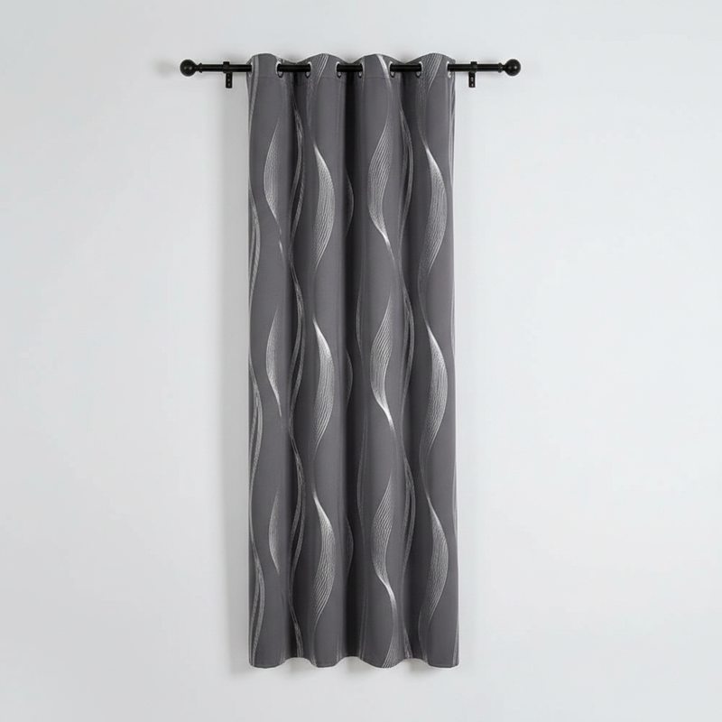 Slate Wave blackout grommet curtain panel hung, full wave pattern visible