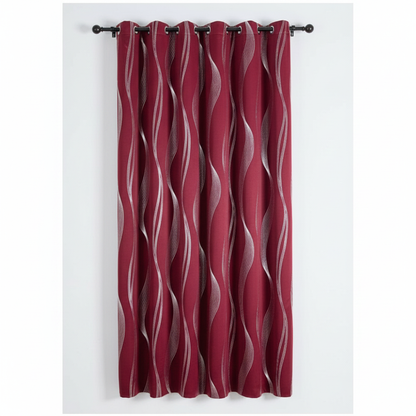 Crimson Wave blackout grommet curtain panel hung, full wave pattern visible