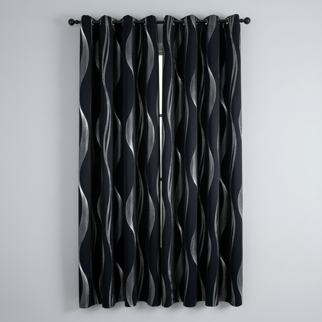 Midnight Wave blackout grommet curtain panel hung, full wave pattern visible