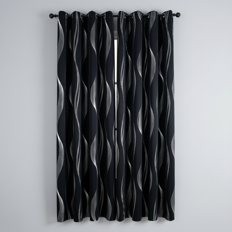 Midnight Wave blackout grommet curtain panel hung, full wave pattern visible