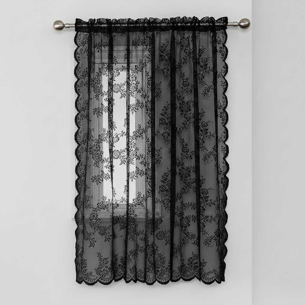 Charcoal Glow floral lace sheer curtain panel hung, full lace pattern visible