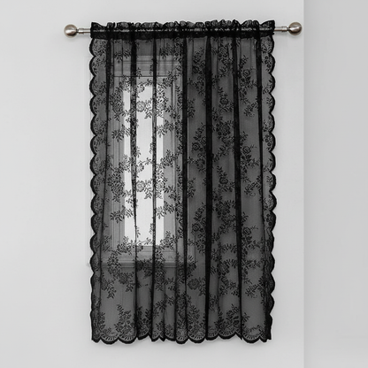 Charcoal Glow floral lace sheer curtain panel hung, full lace pattern visible