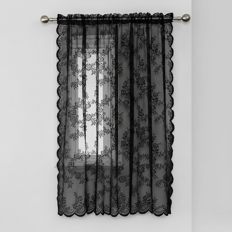 Charcoal Glow floral lace sheer curtain panel hung, full lace pattern visible