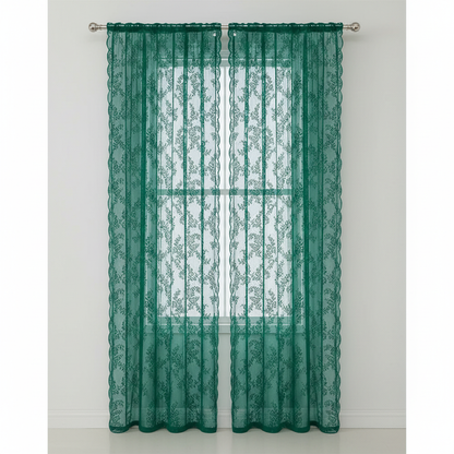 Emerald Glow floral lace sheer curtain panel hung, full lace pattern visible