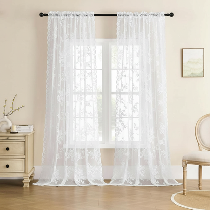 Snow Glow floral lace sheer curtain panel hung, full lace pattern visible