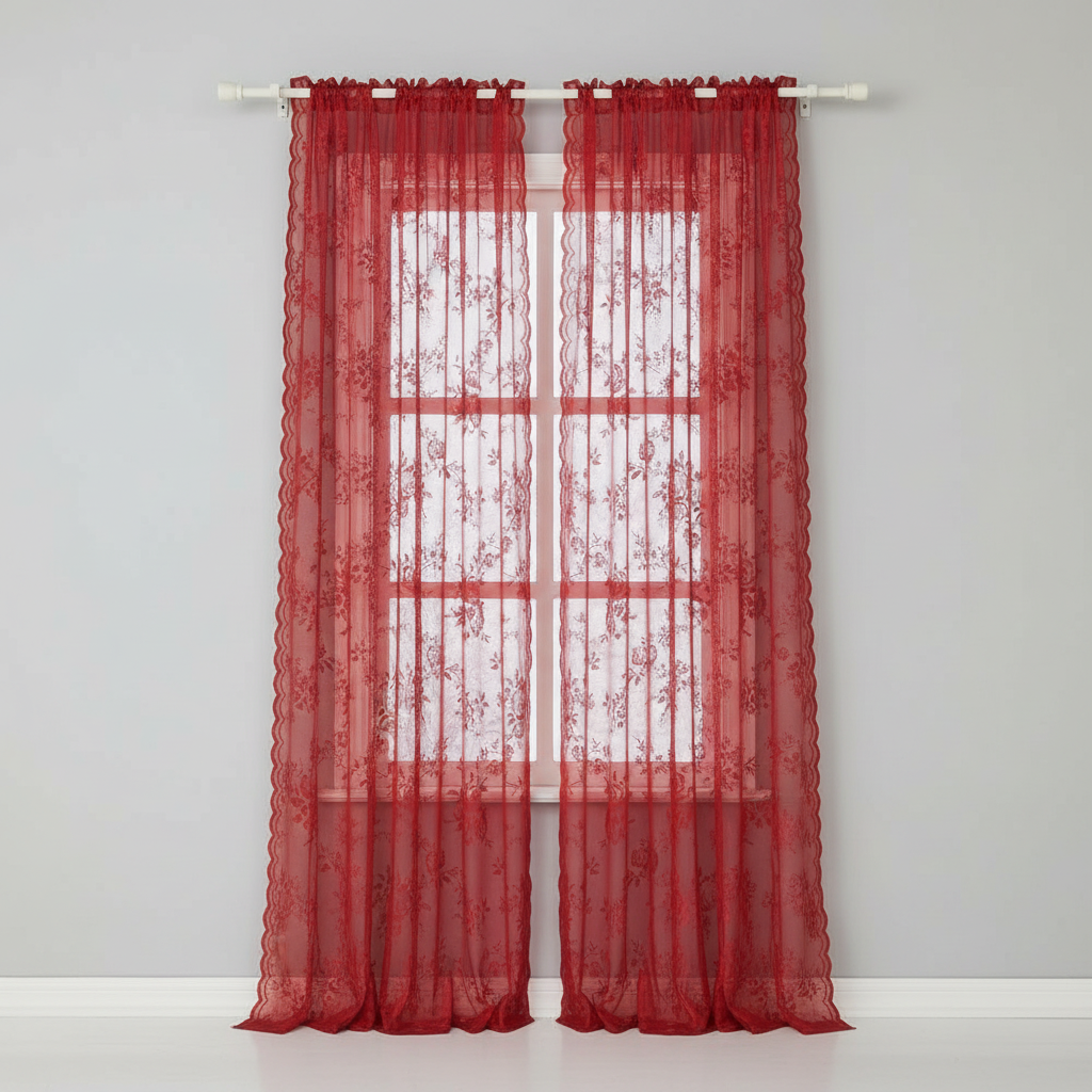 Crimson Glow floral lace sheer curtain panel hung, full lace pattern visible