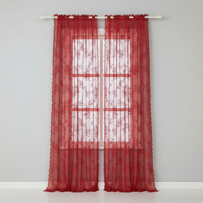Crimson Glow floral lace sheer curtain panel hung, full lace pattern visible