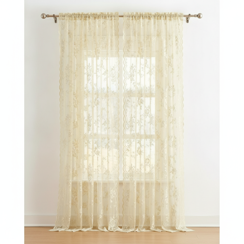Golden Glow floral lace sheer curtain panel hung, full lace pattern visible