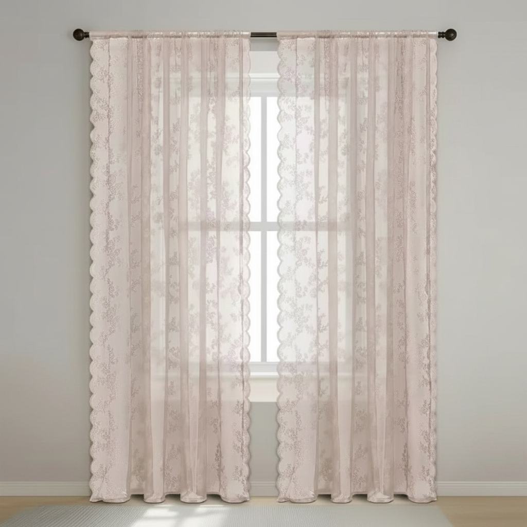 Blush Glow floral lace sheer curtain panel hung, full lace pattern visible