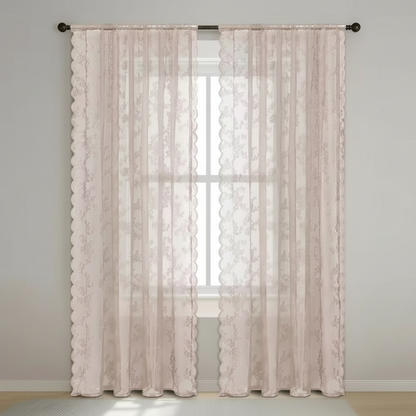 Blush Glow floral lace sheer curtain panel hung, full lace pattern visible