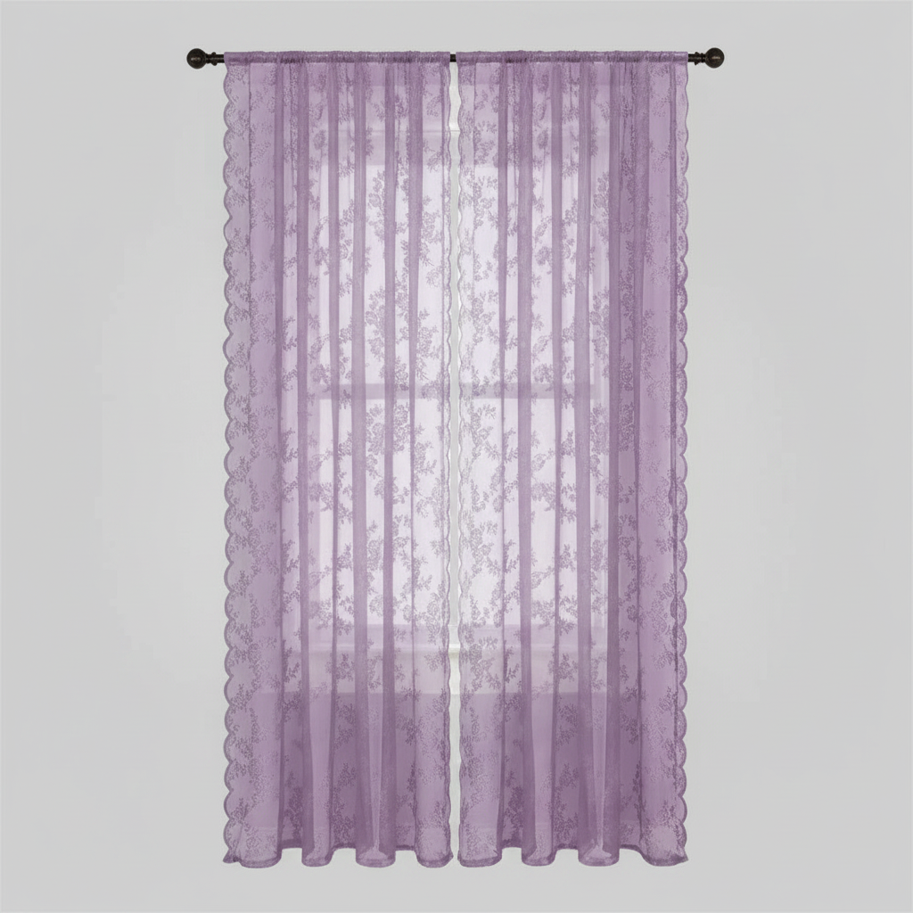 Lilac Glow floral lace sheer curtain panel hung, full lace pattern visible
