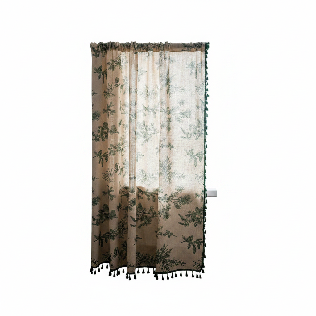 Green Pine Bird Pattern Tassel Curtain panel