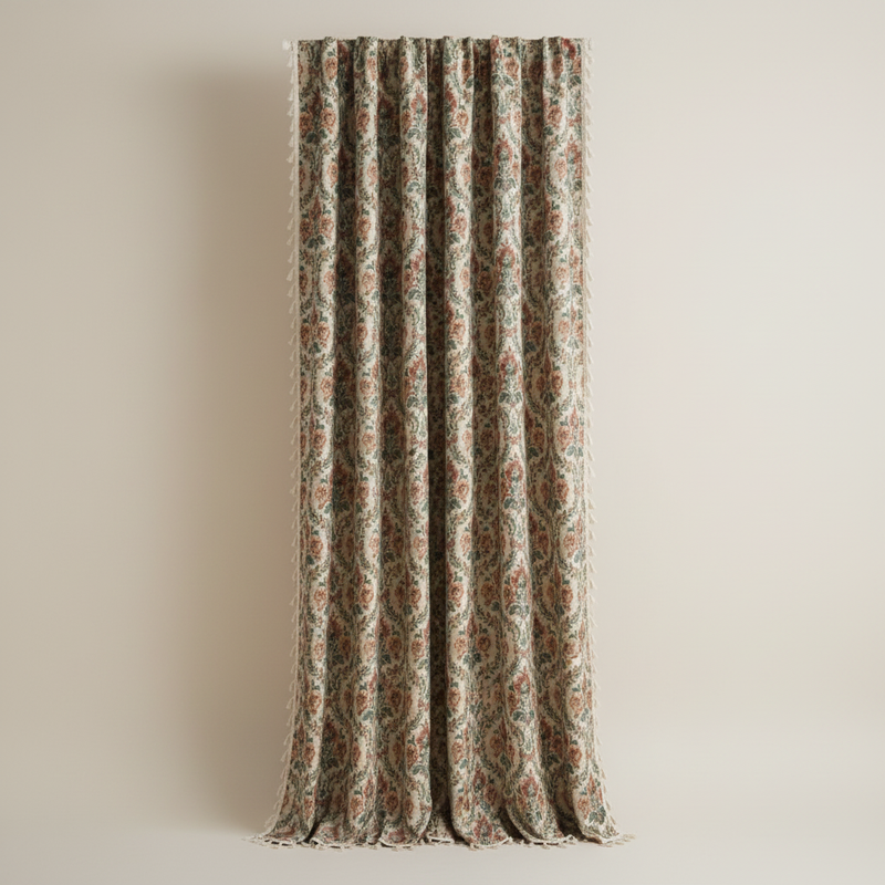 Ivory Tapestry ditsy floral tassel curtain panel