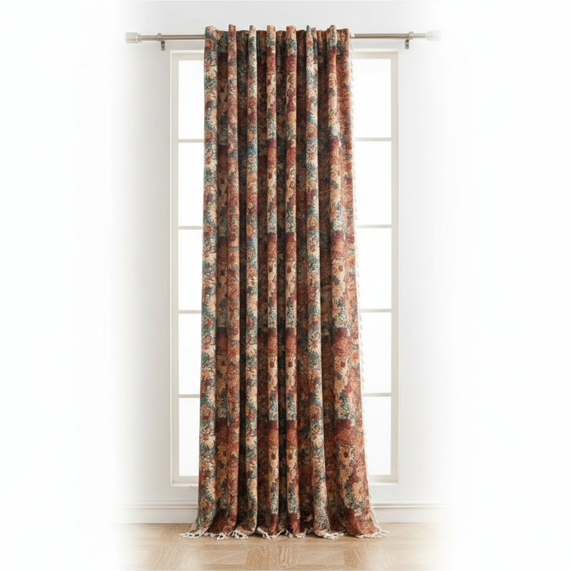 Rust Garden ditsy floral tassel curtain panel