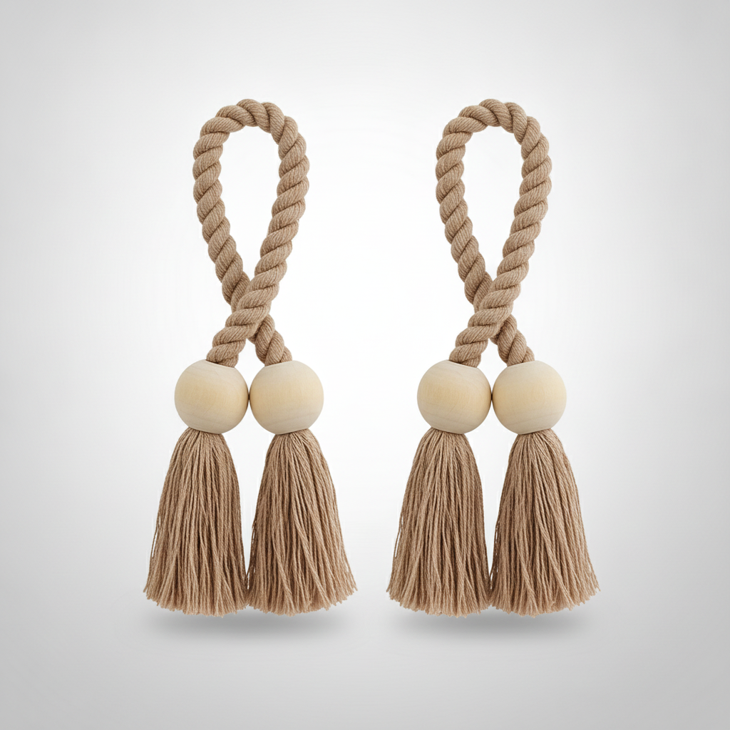 Oak Twist wooden bead tassel curtain tie-backs packshot