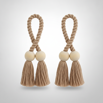 Oak Twist wooden bead tassel curtain tie-backs packshot