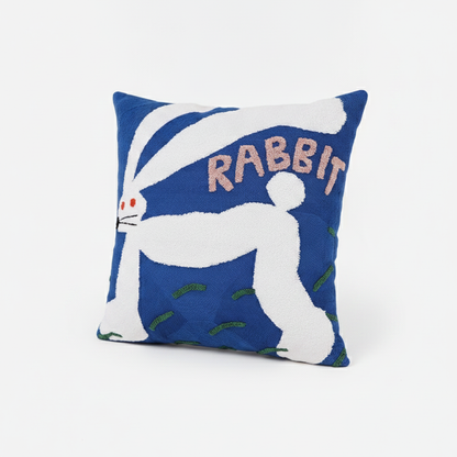 Whimsical Rabbit tufted throw pillow cover - white rabbit on blue