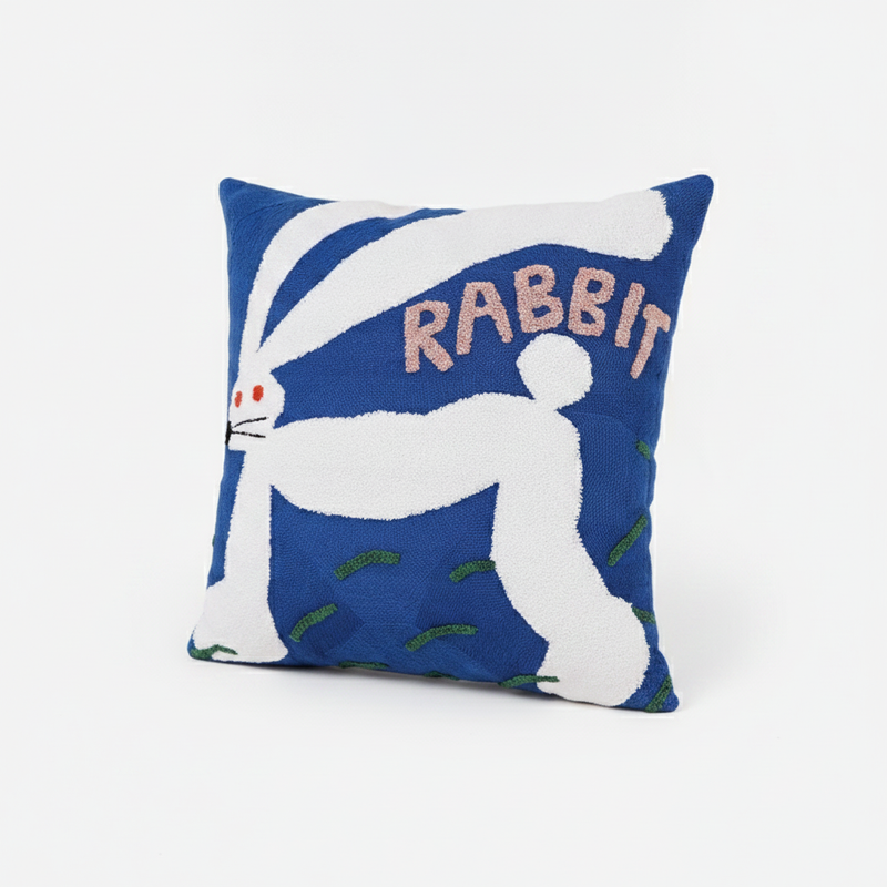 Whimsical Rabbit tufted throw pillow cover - white rabbit on blue