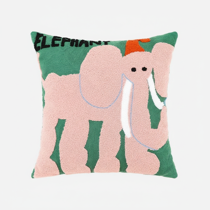 Whimsical Elephant tufted throw pillow cover - pink elephant on green