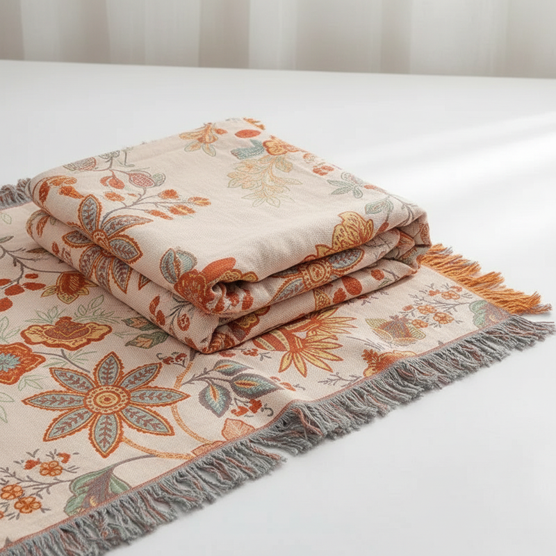 Rustic Floral Boho Cotton Blanket | Tassel Design, 100% Cotton