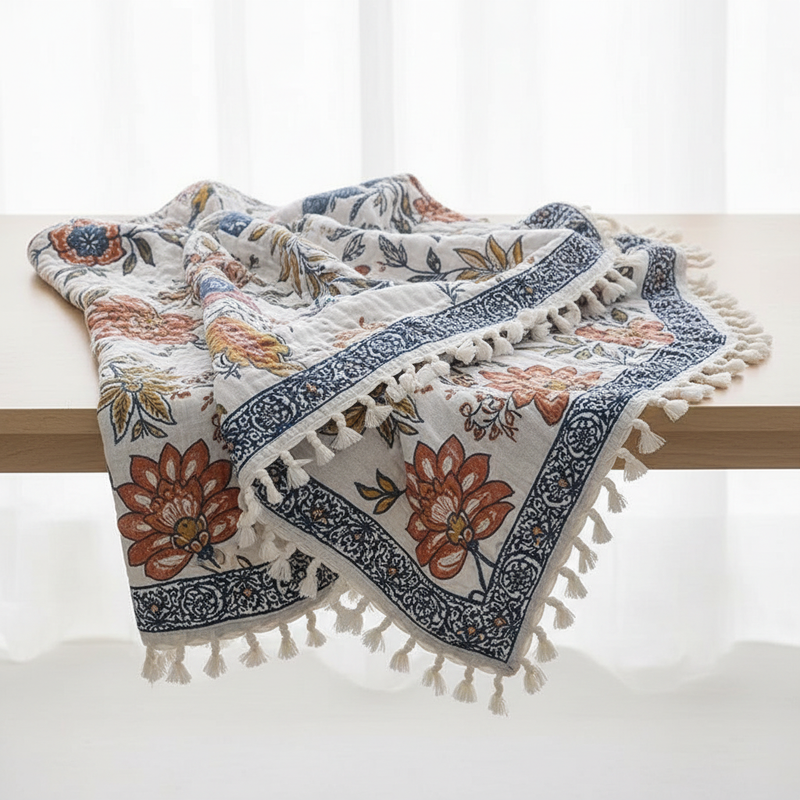 Rustic Artistic Flora Cotton Blanket draped