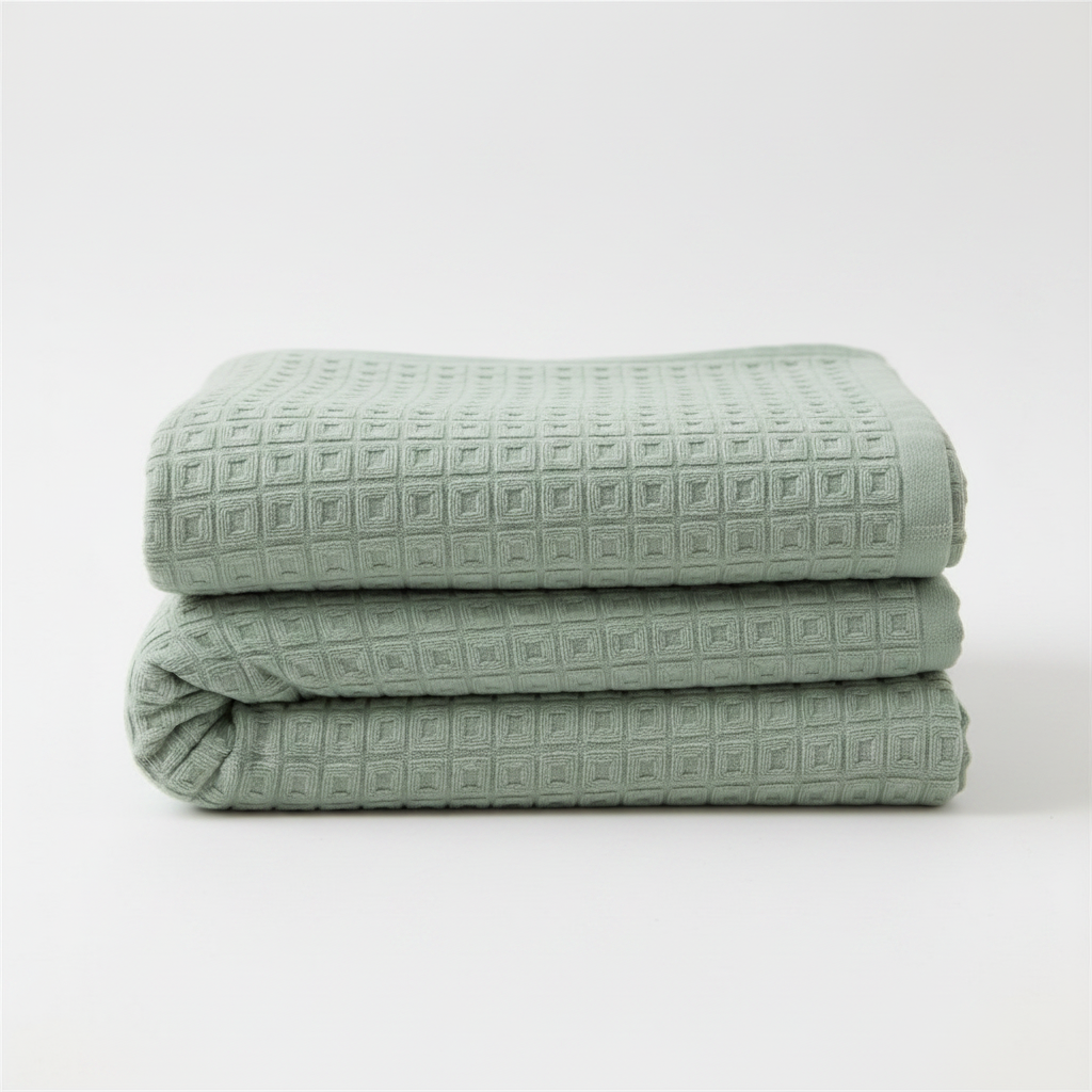 Sage Whisper waffle cotton summer blanket folded