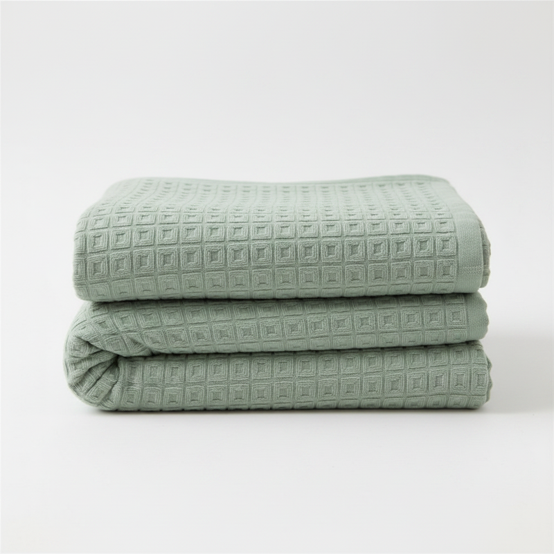 Sage Whisper waffle cotton summer blanket folded