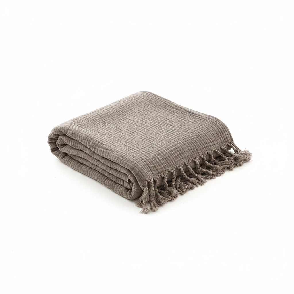 Cotton Crinkle Tassel Blanket - Clay