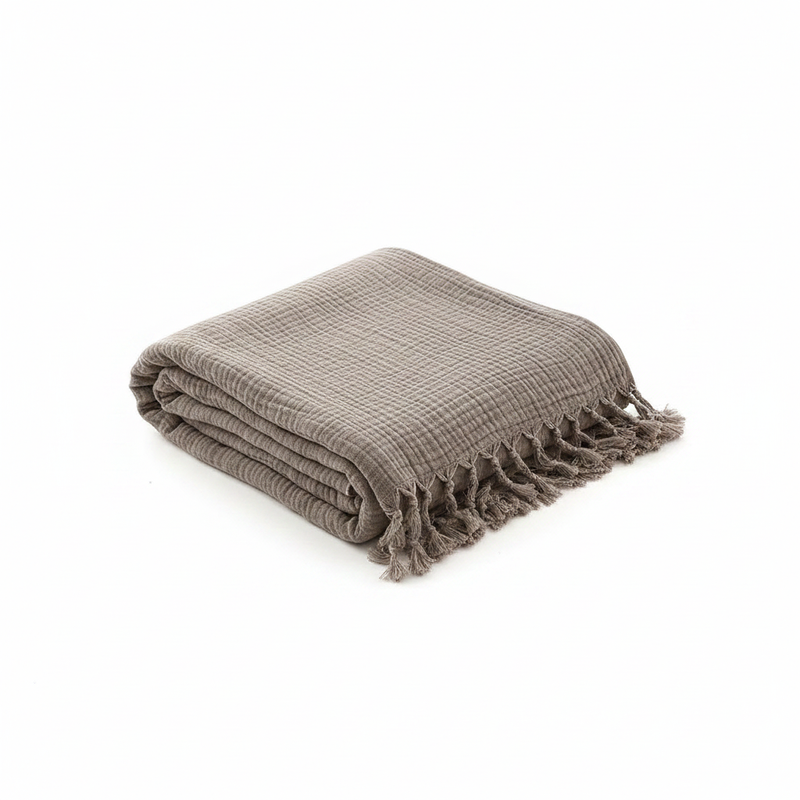 Cotton Crinkle Tassel Blanket - Clay
