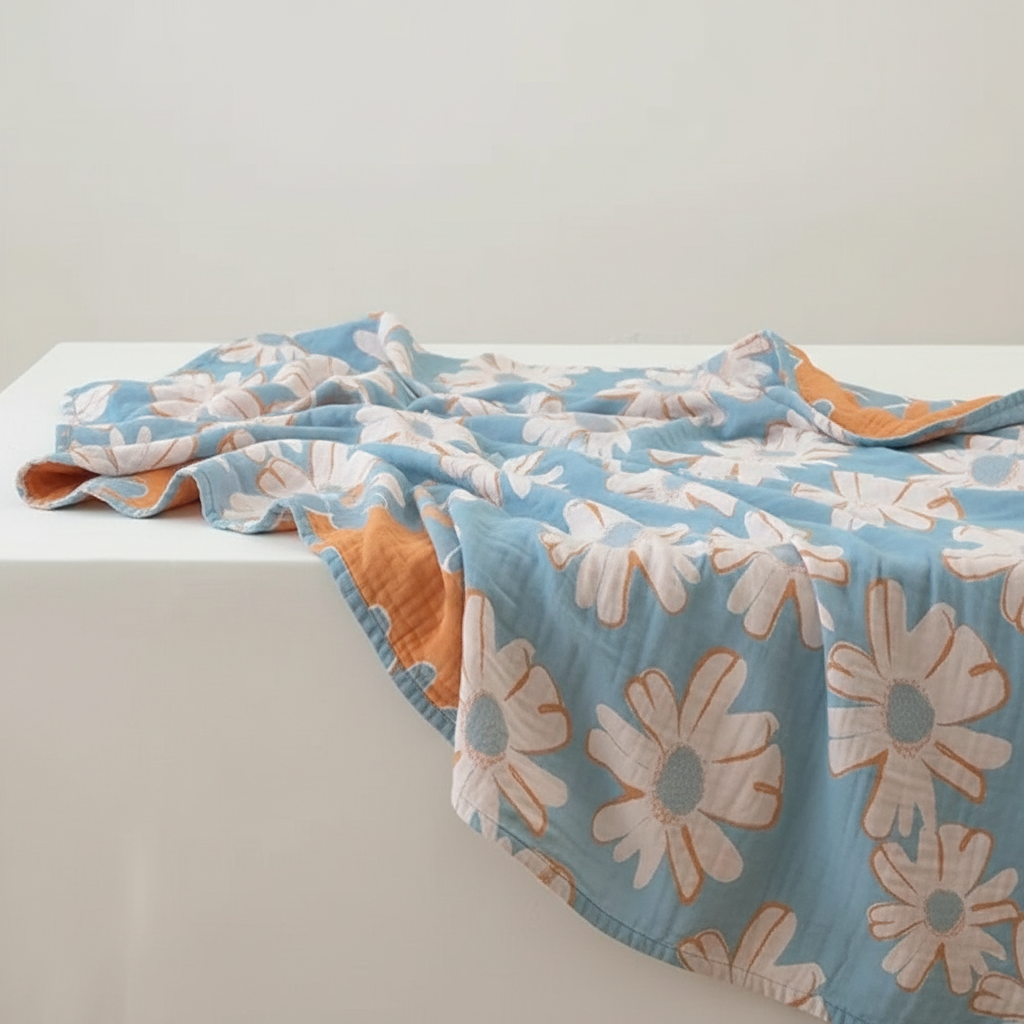 Summer-Ready Daisy Cotton Blanket - Blue