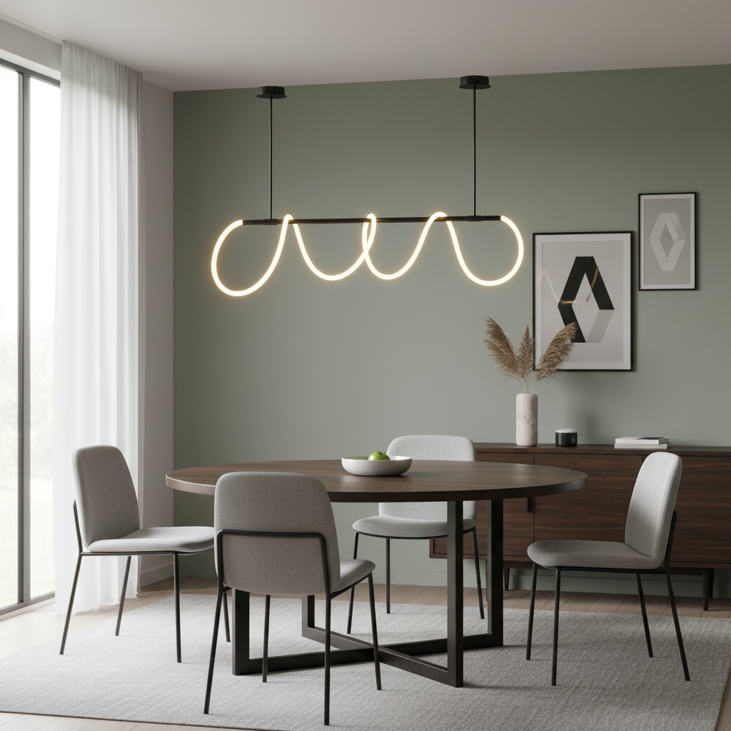 FreyaGlow black LED loop chandelier installed over a modern dining table lifestyle photo