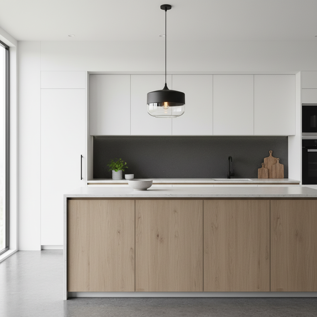 NordicGlow industrial glass pendant installed over a modern kitchen island lifestyle photo