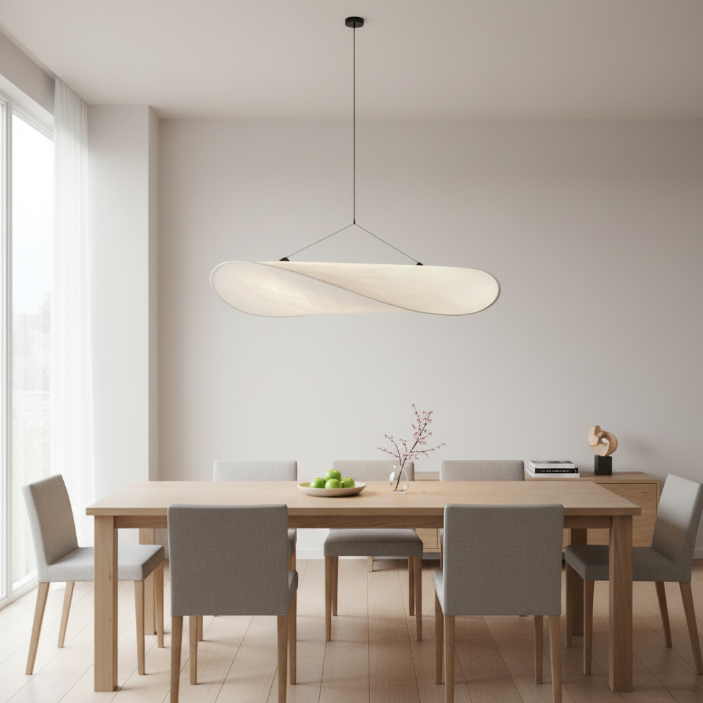 SailLight sail-shaped pendant installed over a modern dining table - lifestyle