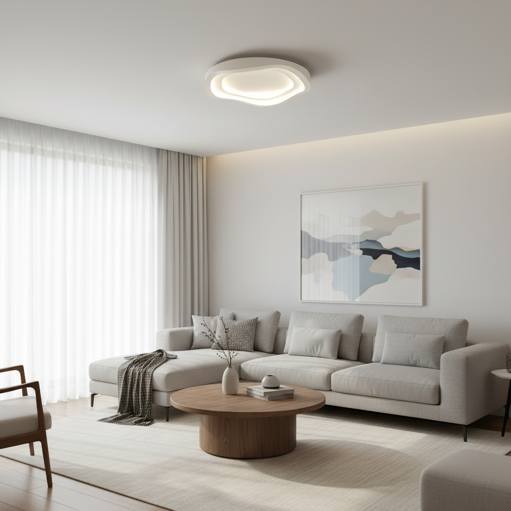 Luminara flush mount installed on a modern living room ceiling - lifestyle