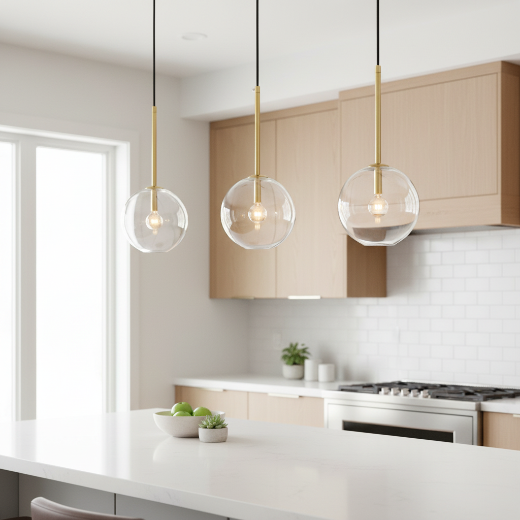 JasperGlow glass pendant - lifestyle, installed over modern kitchen island
