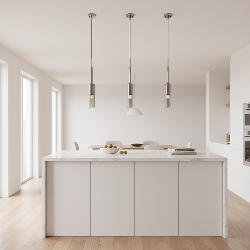 ObsidianGlow smoked glass pendant lifestyle in modern kitchen