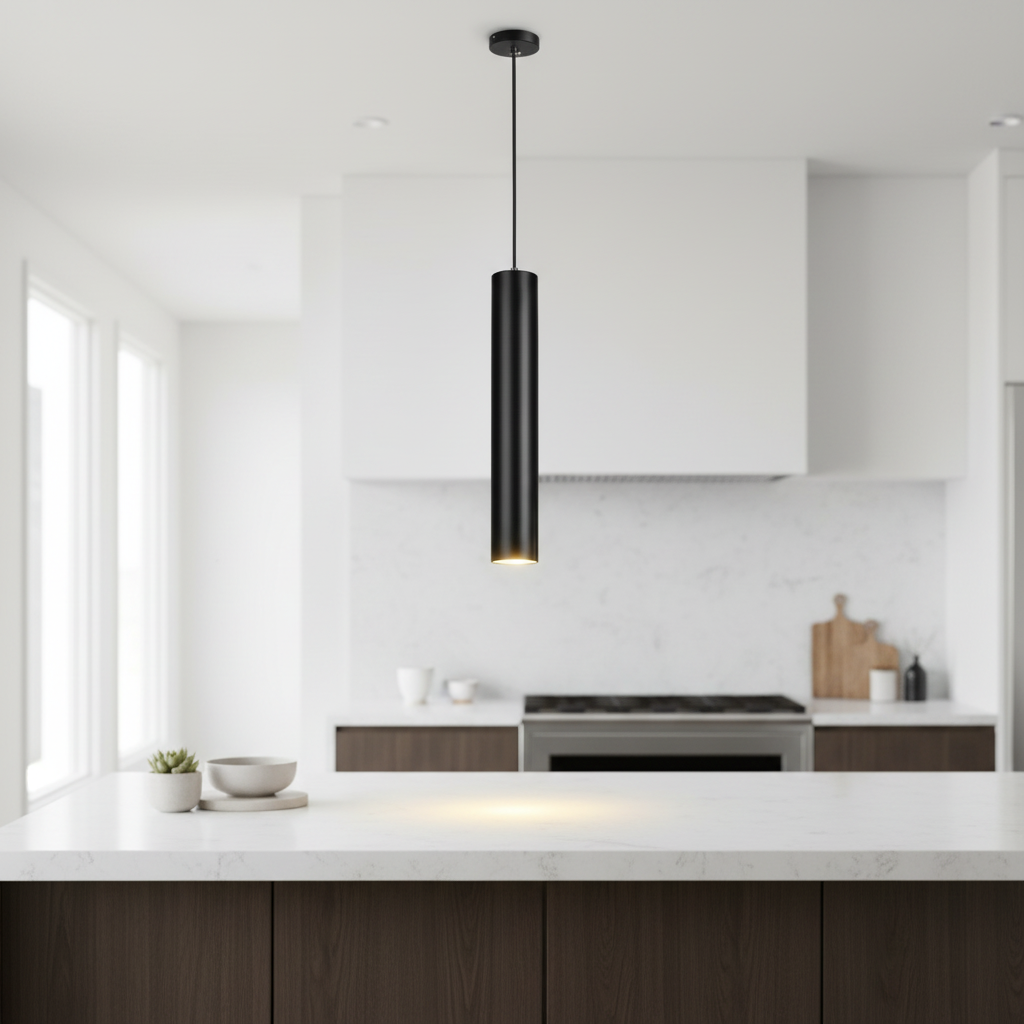 Luminara sleek black pendant - lifestyle, installed over modern kitchen island