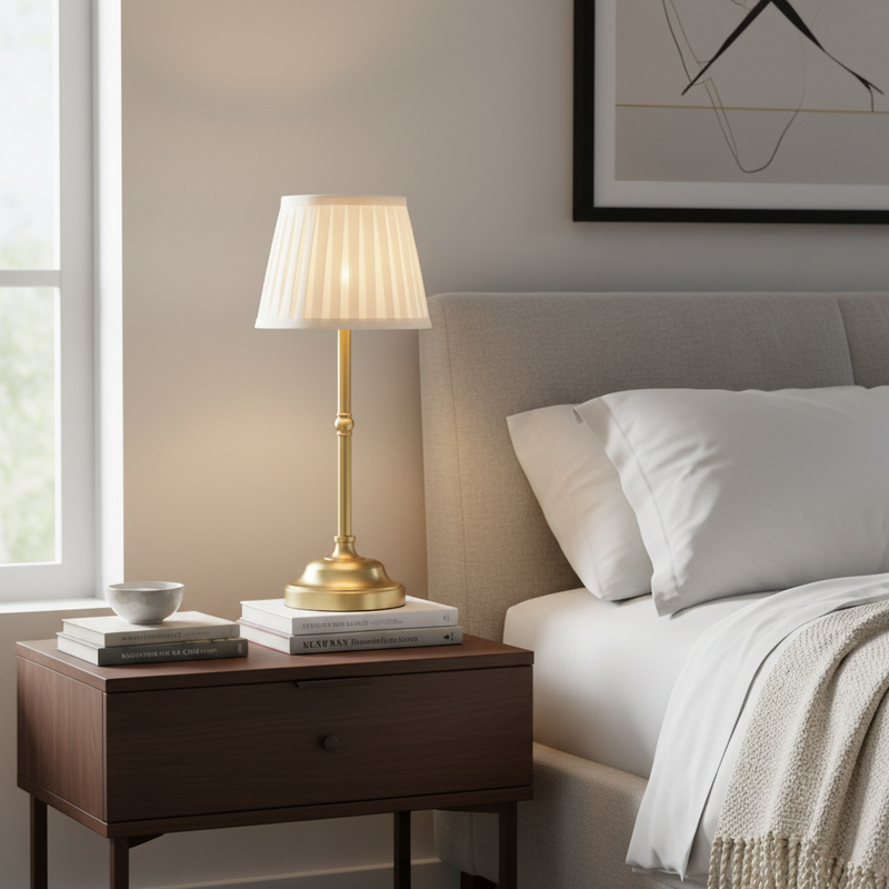 BrassGlow cordless brass table lamp lit on a bedroom nightstand - lifestyle