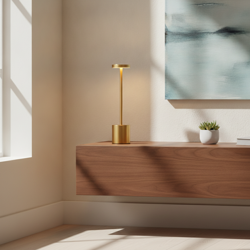 Lumi cordless glow lamp on a wood ledge