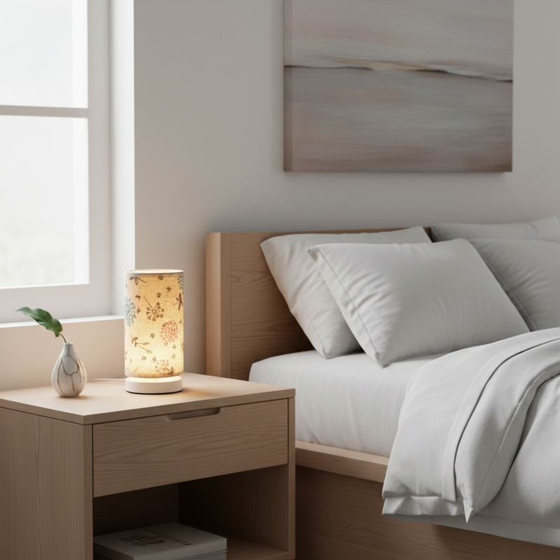 Botanical floral fabric table lamp on a nightstand
