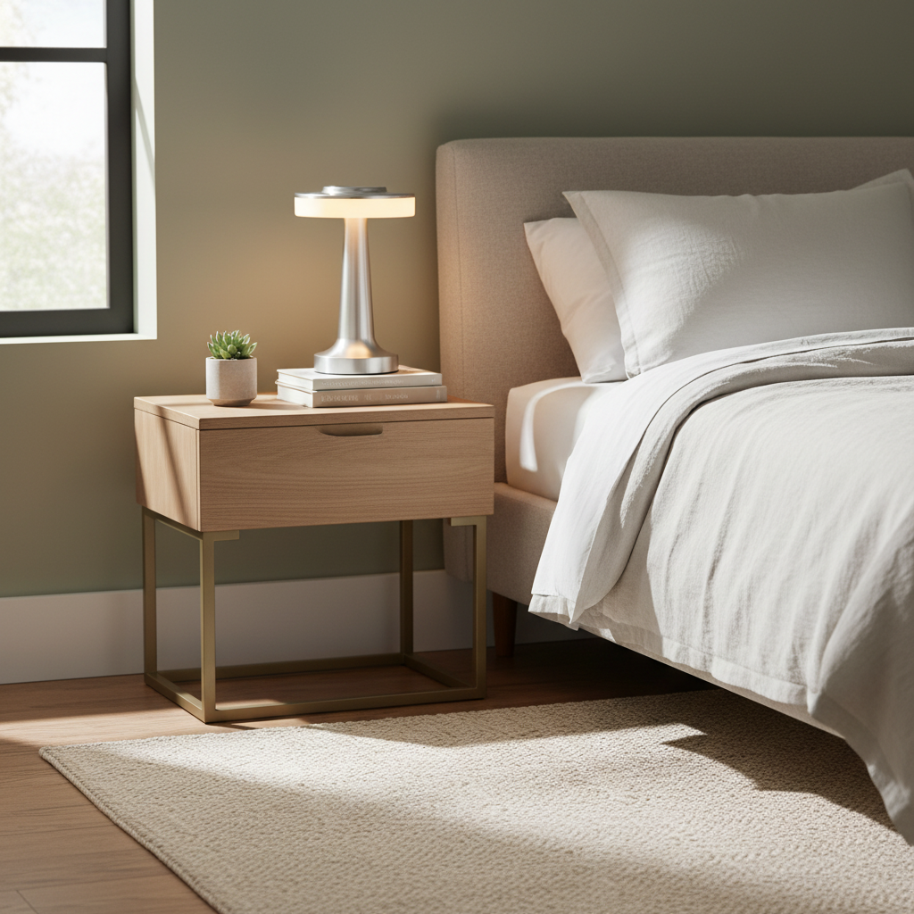 Aura Dome cordless lamp on a bedroom nightstand lifestyle