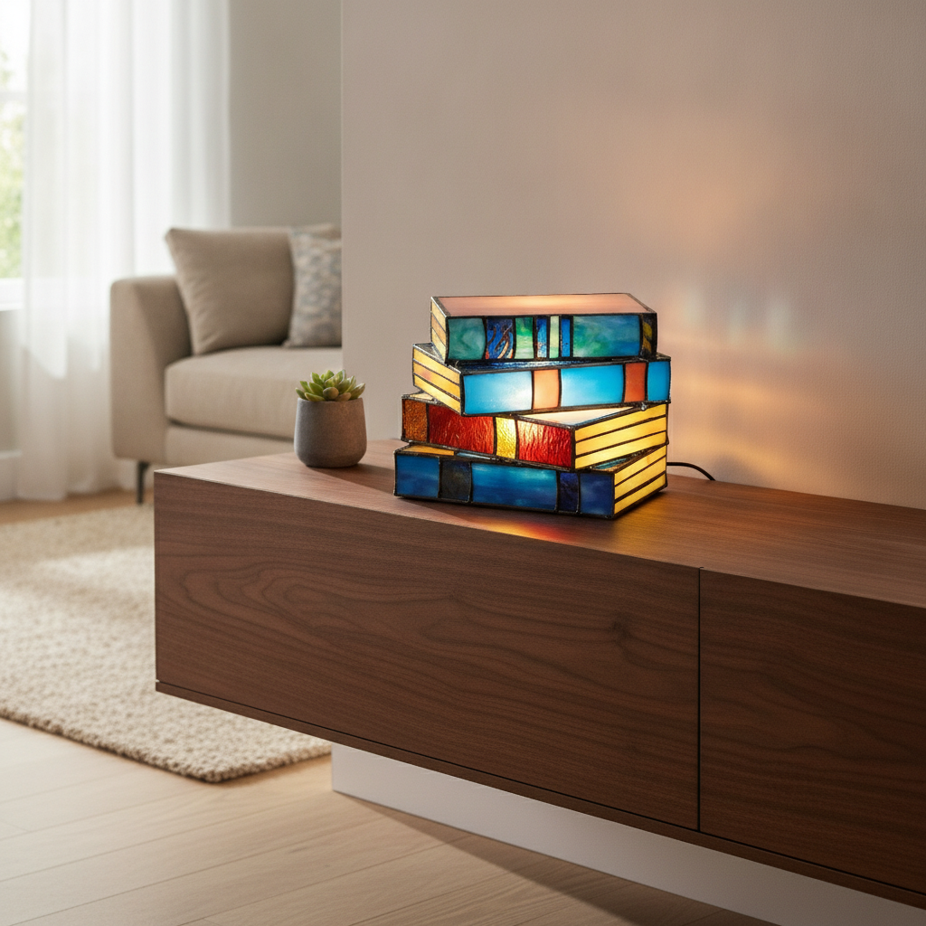 LiteraryGlow stained glass book lamp on a living room console lifestyle
