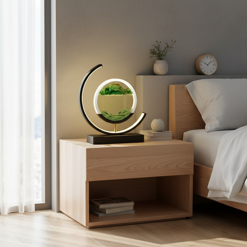 Sandscape 3D motion LED lamp on a bedroom nightstand lifestyle