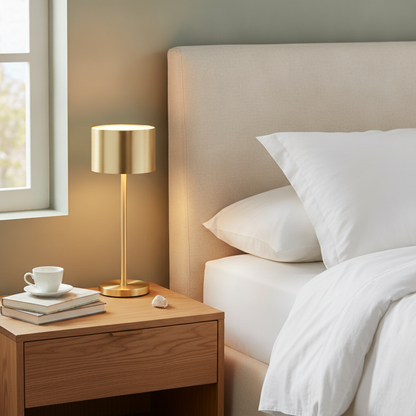 Gold cordless table lamp lit on a bedroom nightstand - lifestyle