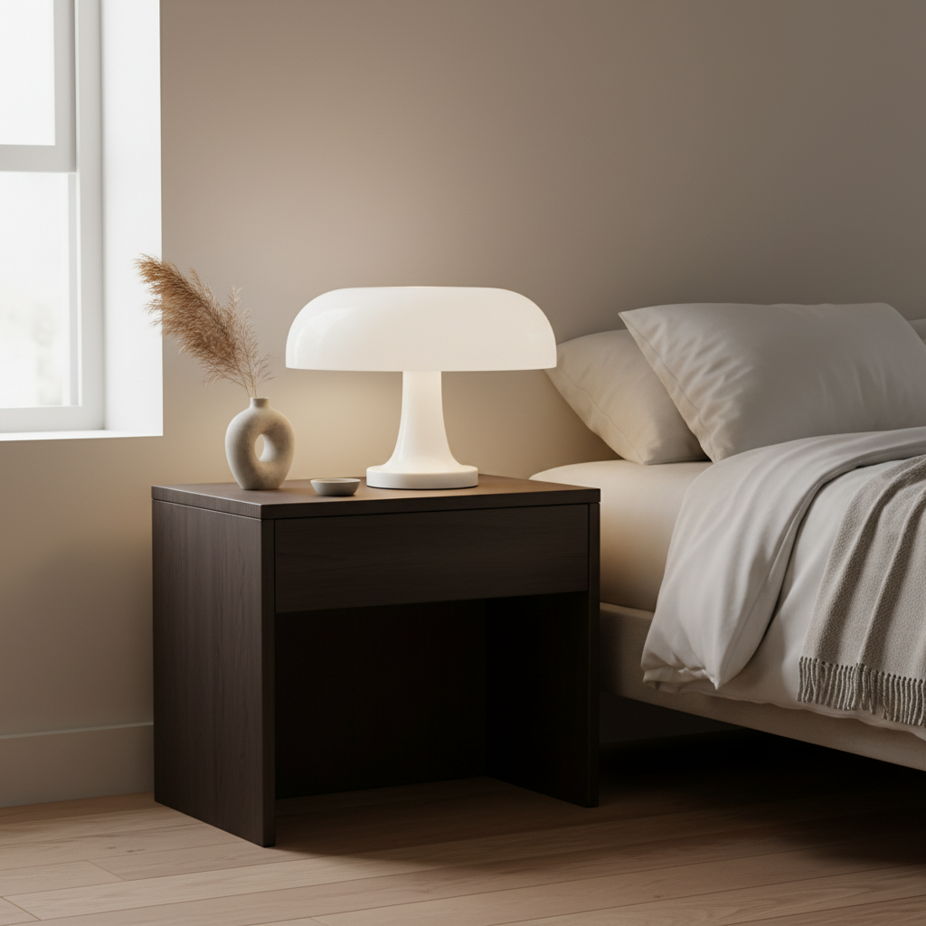 MushroomGlow white LED mushroom table lamp lit on a bedroom nightstand - lifestyle