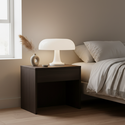 MushroomGlow white LED mushroom table lamp lit on a bedroom nightstand - lifestyle